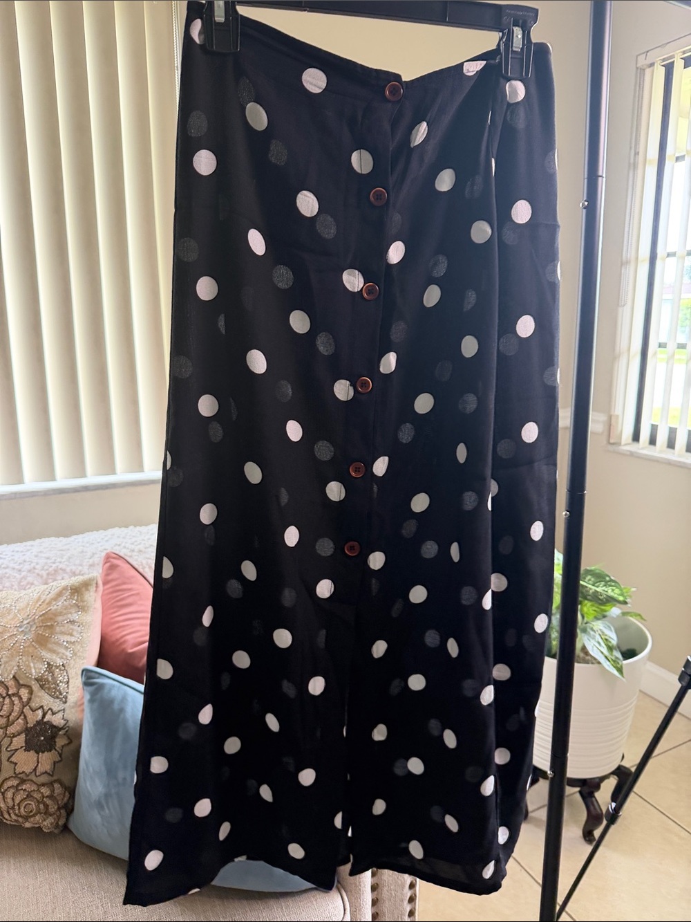 Free People Black Maxi Skirt with White Polka Dots - Button Front